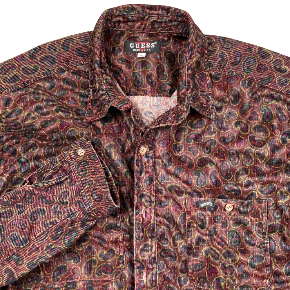 Guess Corduroy Shirt Mens XL Burgundy Paisley 80s Relaxed Preppy Indie USA VTG